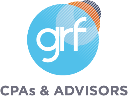blue circular logo with lowers case letters grf. CPAs and Advisors text below the circle